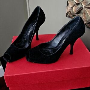CASADEI,black suede open toe pump,size 6-6.5